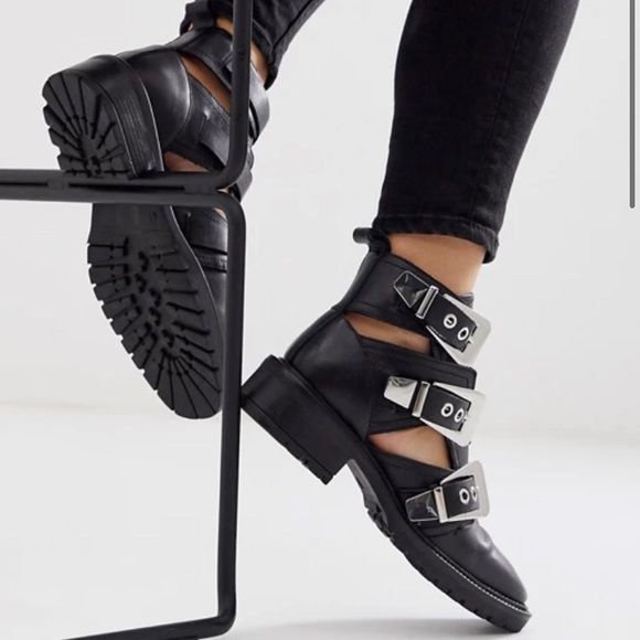 ASOS Shoes - ASOS Black Leather Cutout Strap Buckle Boots